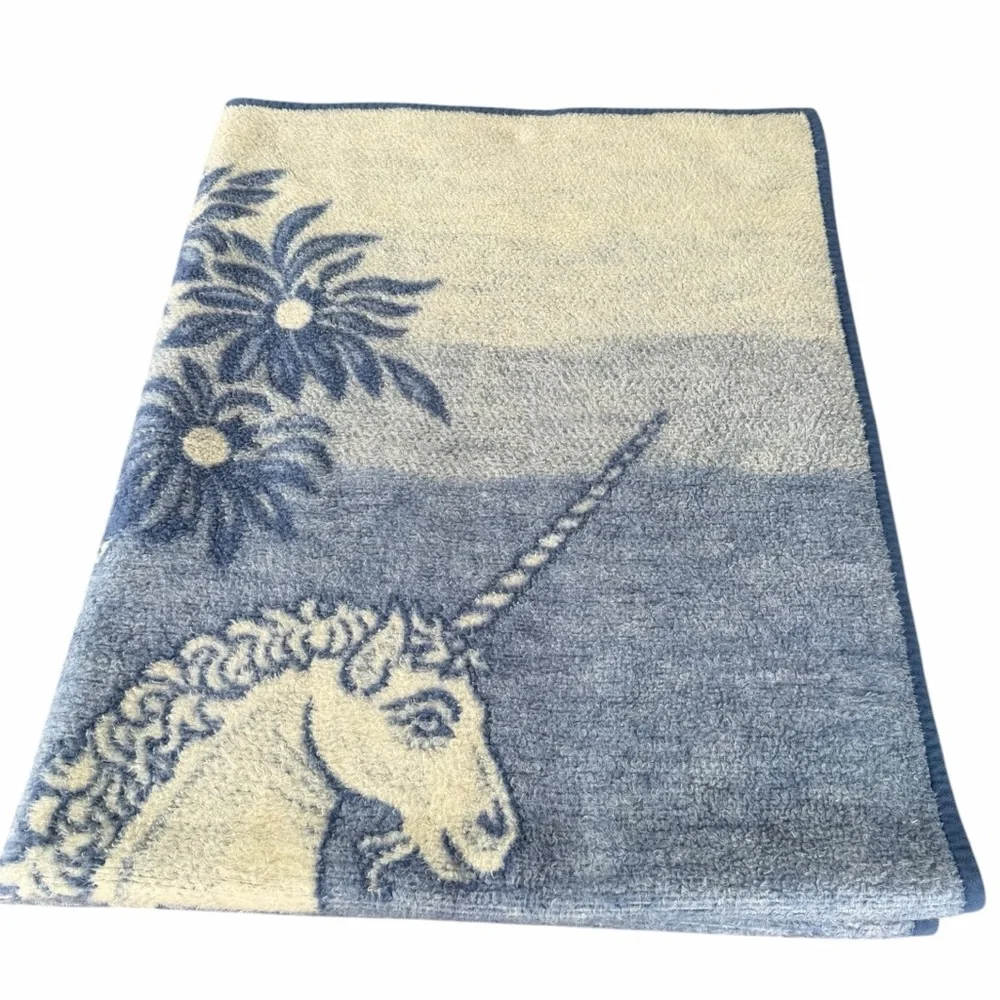 VTG Biederlack Whimsical Unicorn Blanket Reversible Blue Cream Acrylic 58x74 GUC